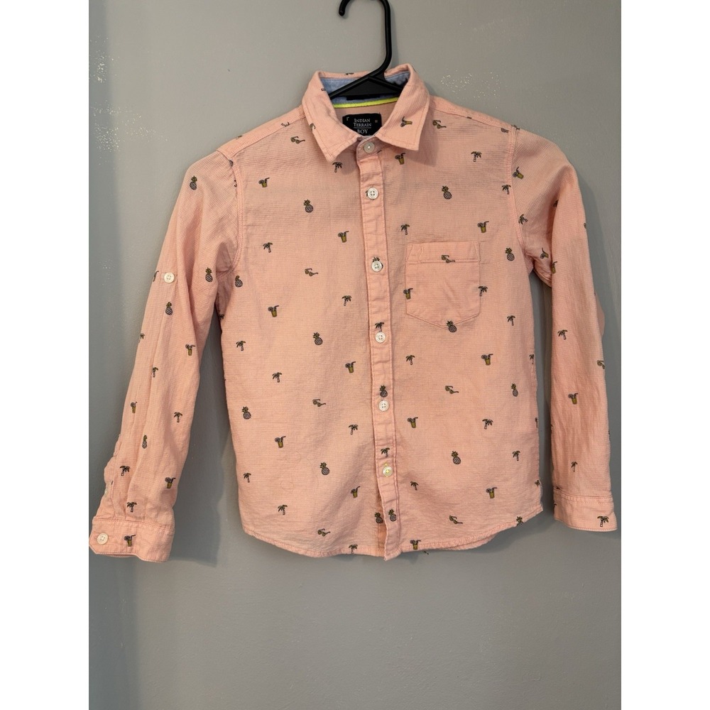 Indian Terrain Boys Pink S (8-9Y) Long Sleeve Button-Up Tropical Pineapple Shirt